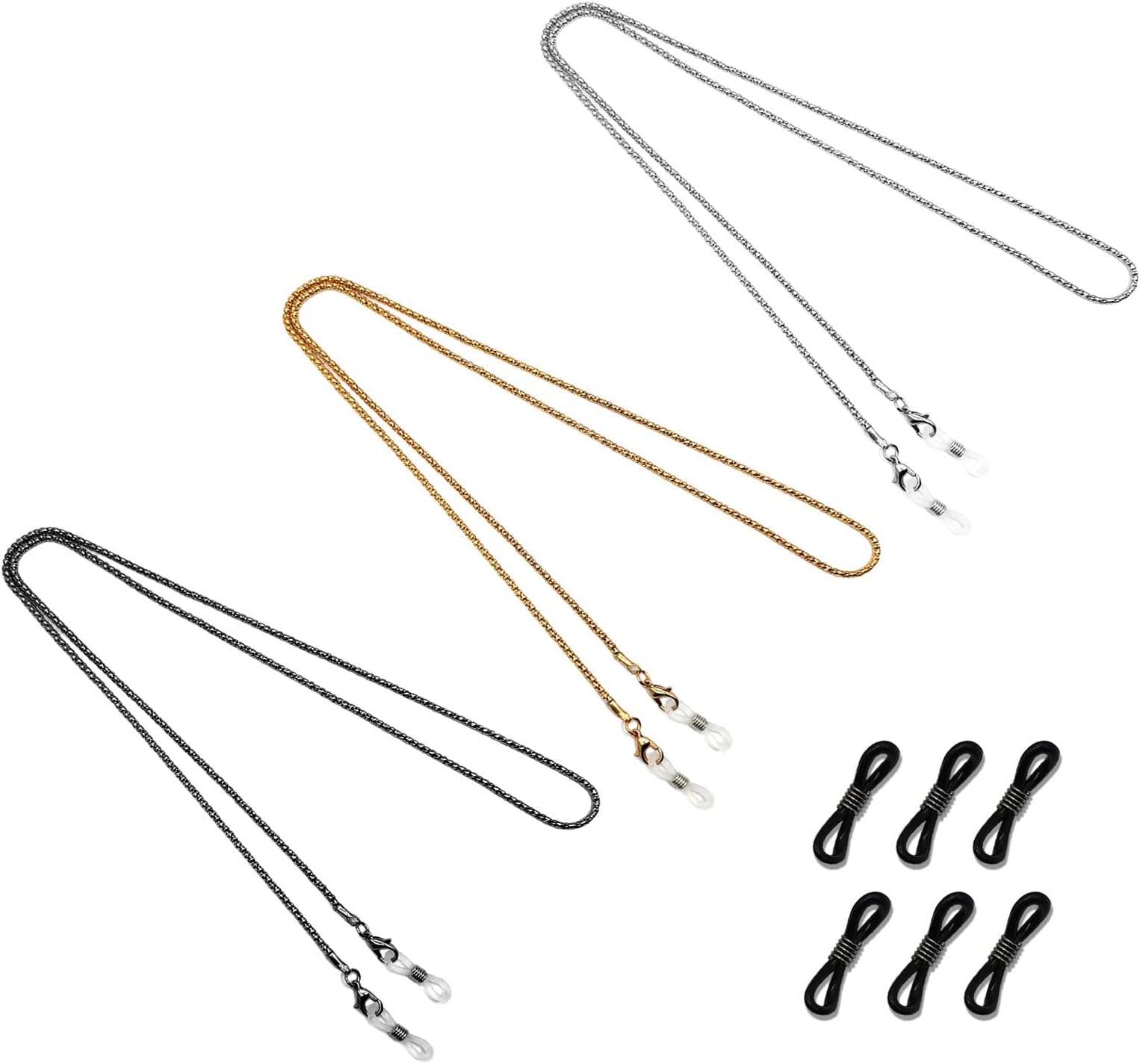 3 Pcs Eyeglass Chain Neck Cord Sunglass Neck Strap Holder with 6 Pair Silicone Anti-slip Rings Spectacles Straps Lanyard Eyewear Strap for Men & Women (Silver Golden Black)
