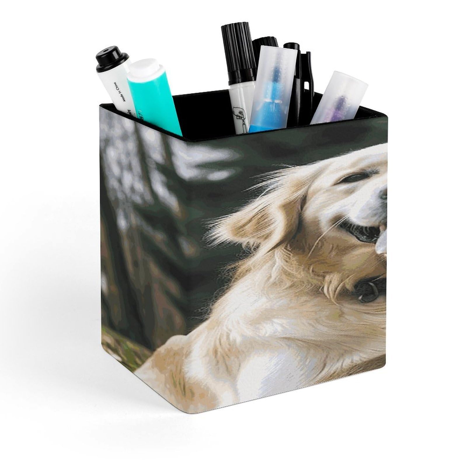 FekiLoot Funny Golden Retriever Pencil Holder for Desk Square Leather Pen Holder Cup Desktop Organizer Multi-Functional Pencil Cup Holders Modern Decorative Desk Organizer Caddy Makeup Brush Holders