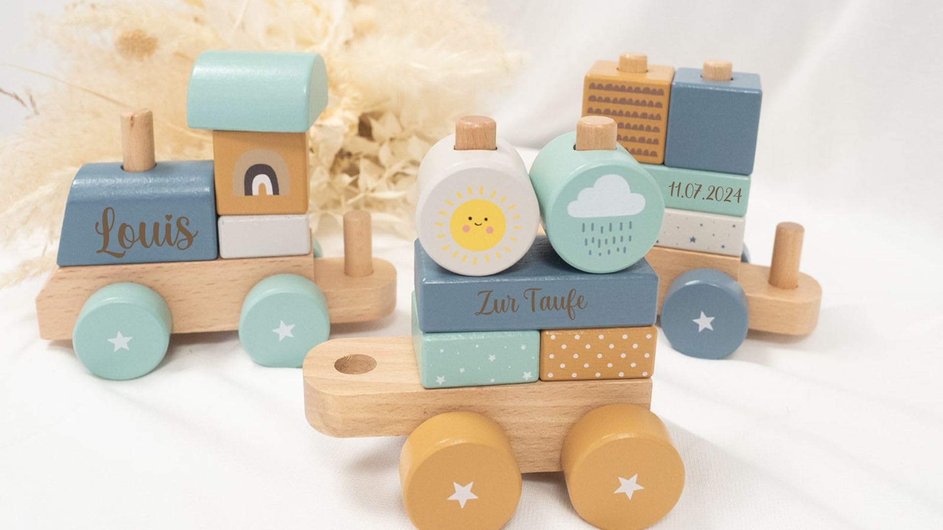 Holz Eisenbahn REGENBOGEN I Taufgeschenk Junge I Holz Zug mit Name personalisierbar Holzzug personalisiert I Babygeschenk Jungen