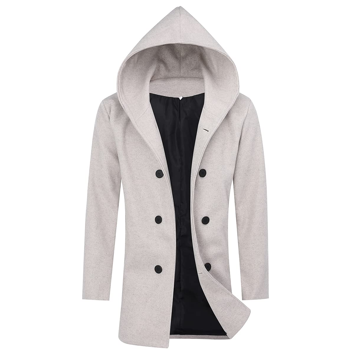 YOUTHUPMens Wool Coat Hooded Double Breasted Winter Overcoat Casual Trench Coat