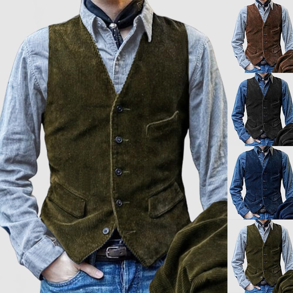 Gilet da uomo in velluto a coste con vestibilità aderente e bottoni sul davanti, stile vintage britannico, senza maniche, per tutte le stagioni