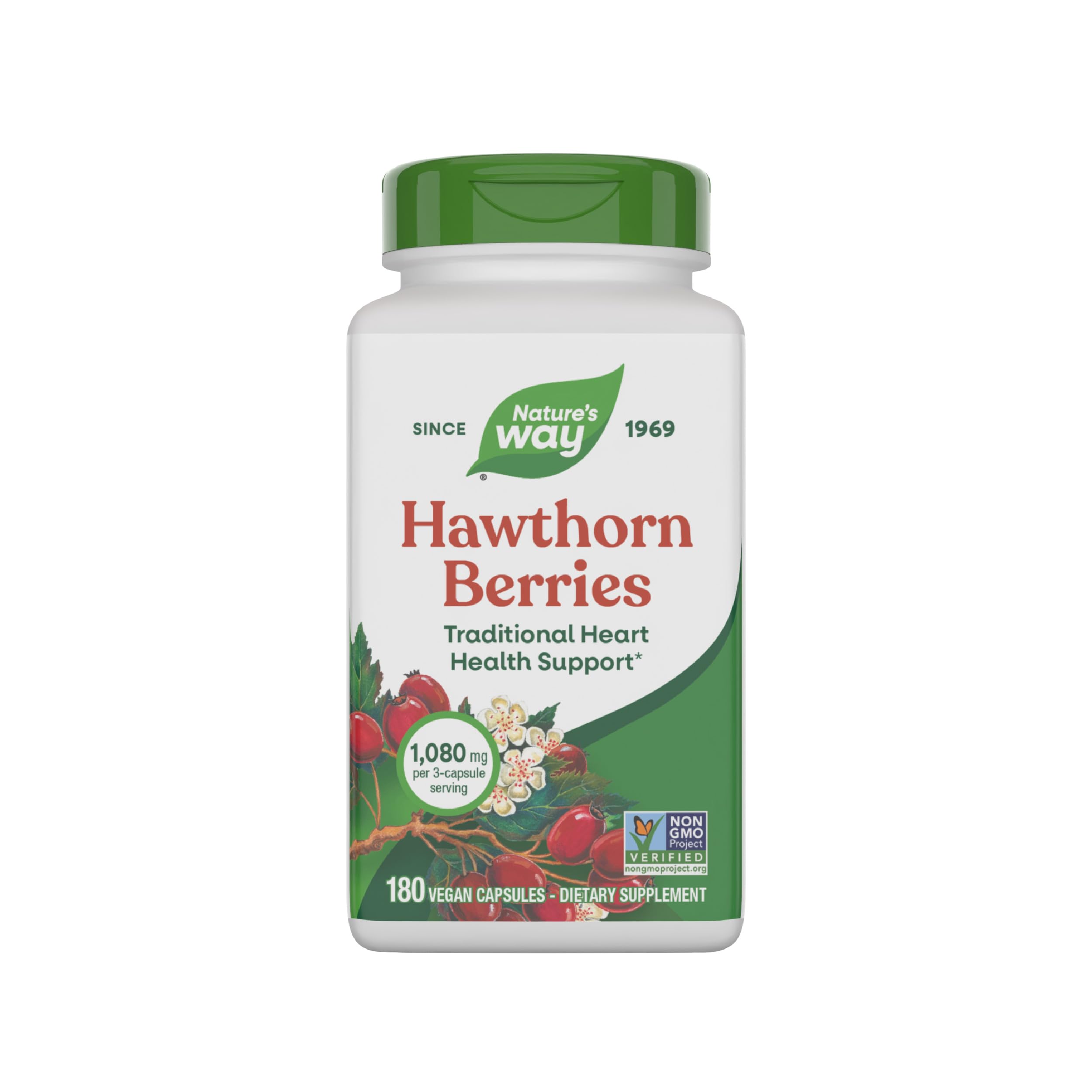 Nature's Way Hawthorn Berries - Traditional Support for Heart Health* - Non-GMO Project Verified - Herbal Supplement - Gluten Free - 180 Vegan Capsules