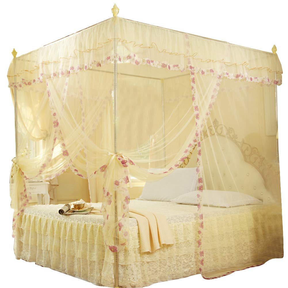 Culnflun Lace Luxury Mosquito Net, Princess Style Bed Curtain, Three Sided Opening Breathable Mesh, Easy to Clean Bed Canopy for Bedroom Yellow