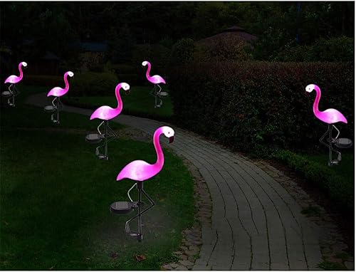 Paquete de 6 luces solares de flamenco para jardín, luces LED que cambian de color, iluminación decorativa de fibra óptica alimentada por energía