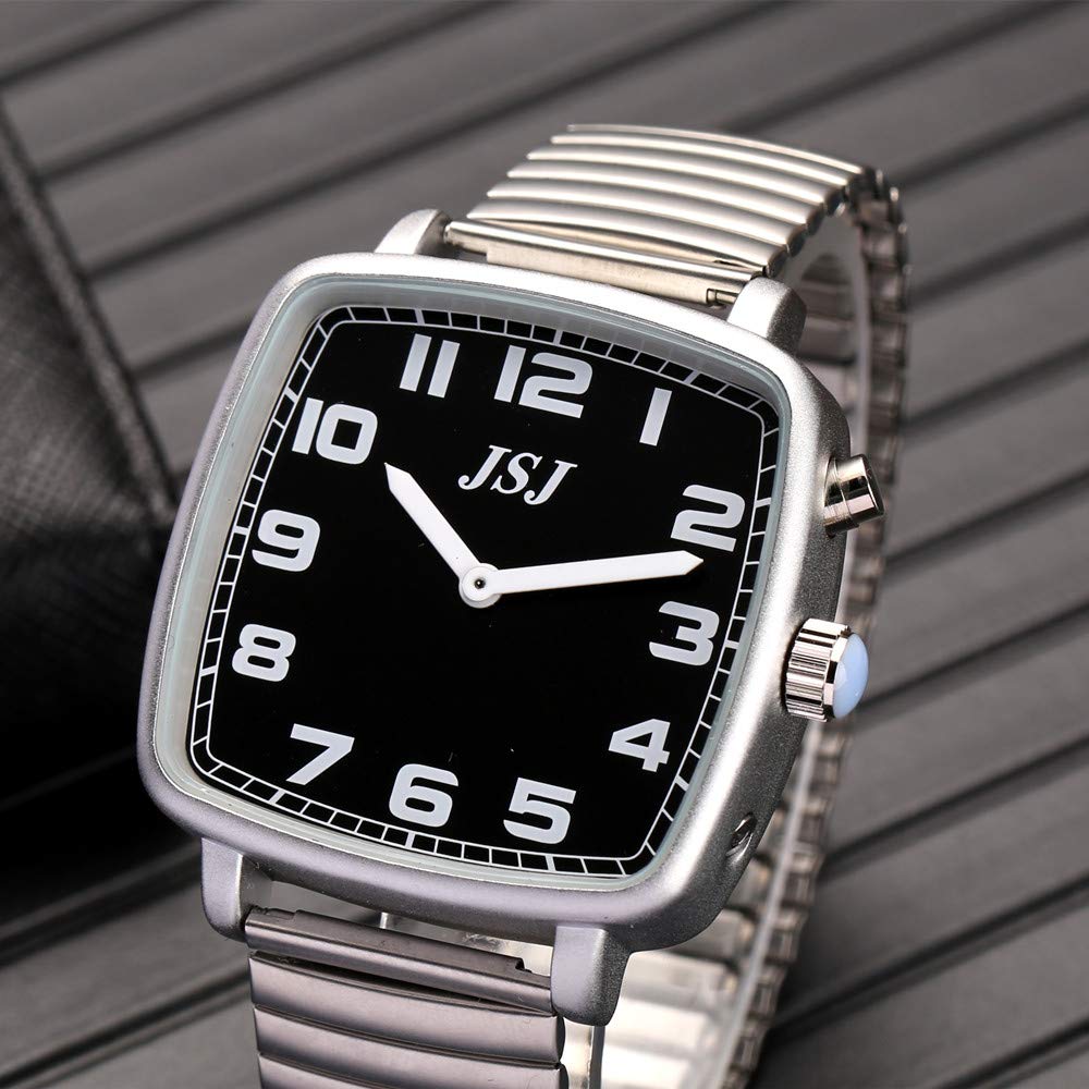 Reloj Parlante Analógico de Forma Cuadrada con Función Despertador, Anuncio de la hora y Fecha en Francés, Esfera Negro, Correa Extensible TFSW-1708F