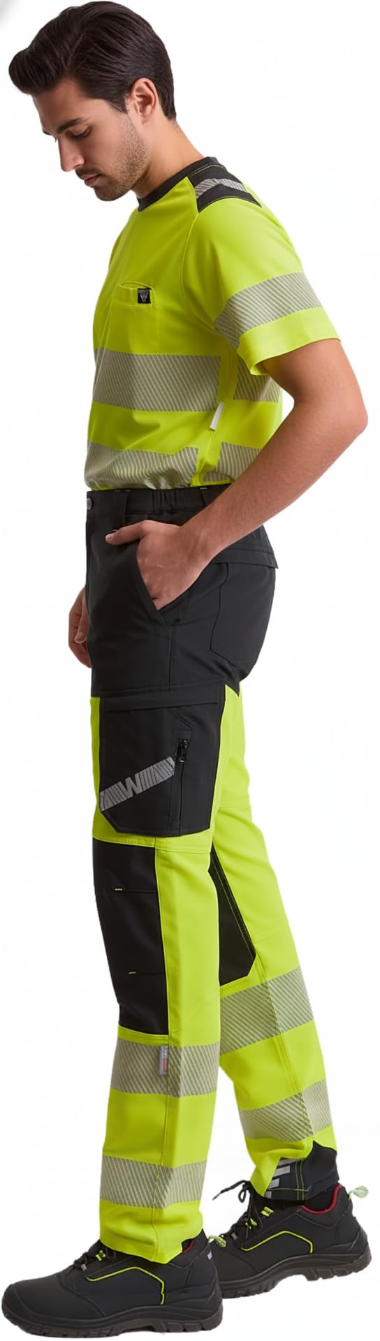 WORKTEAM Pantalón Elástico Alta Visibilidad con Cintas Reflectantes Segmentadas, Slim Fit, Multibolsillos con Cremallera, Refuerzo en Rodillas, Unisex