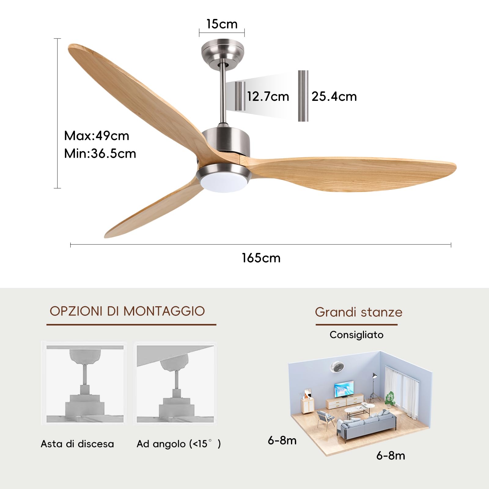 Ovlaim 165 CM di legno solido 3 elica a pale con ventilatore intelligente per soffitti leggero e remoto, 6 motore a corrente continua silenziosa velocità per salotto, camera da letto