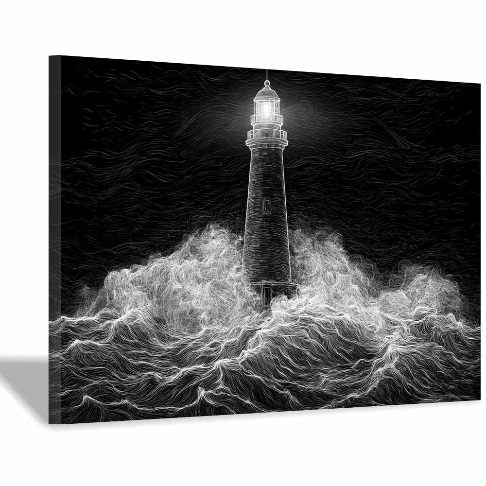 HOQIU Black And White Prints Black Lighthouse Oceans Sketch canvas wall art, painting and decor, for Living Room Bedroom Home Decoration(Multicolor)-60x80cm Framed