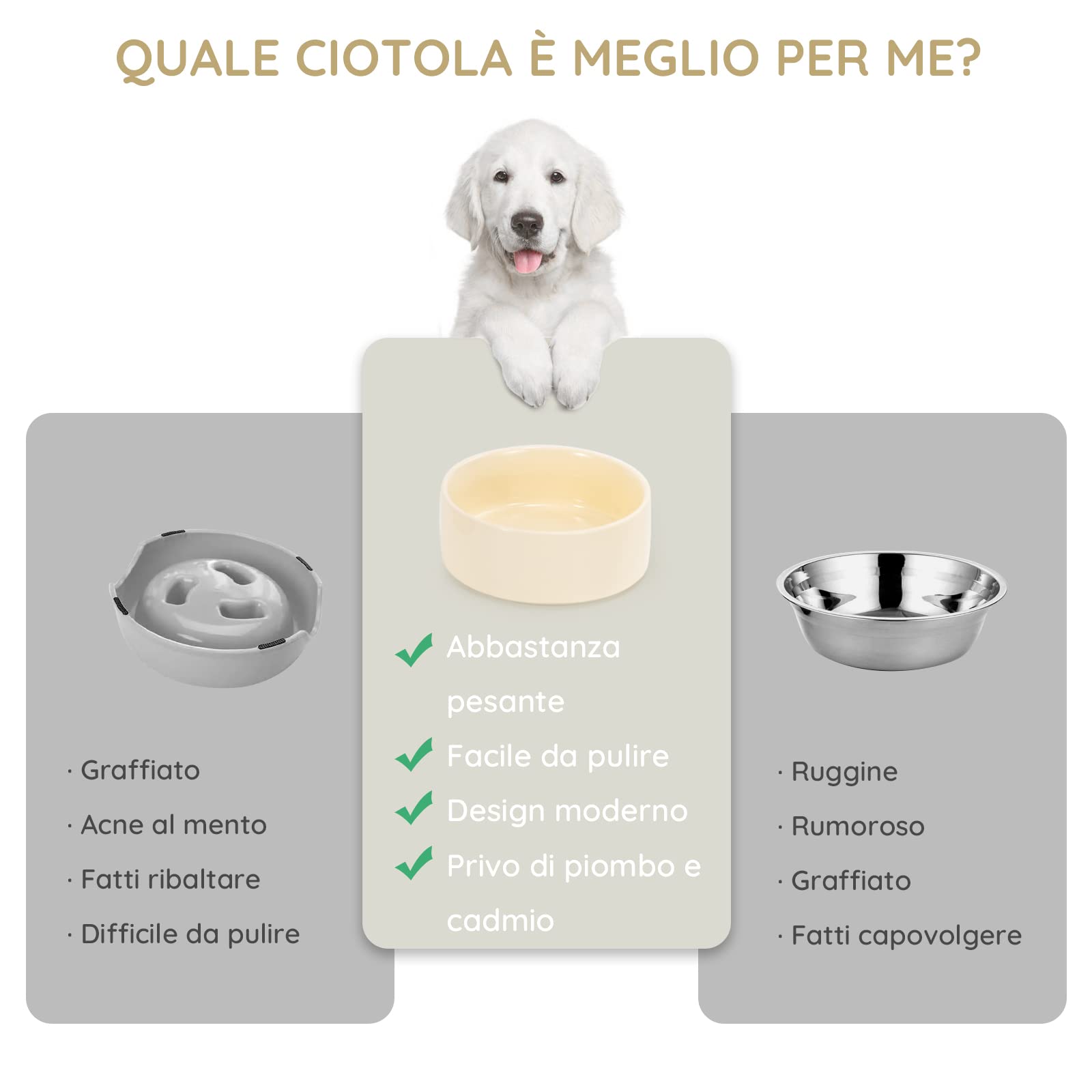2 Ciotole Per Cani/Gatti In Ceramica Con Supporto Bambù - 400ml, Bianche, Antiscivolo - Foto 6