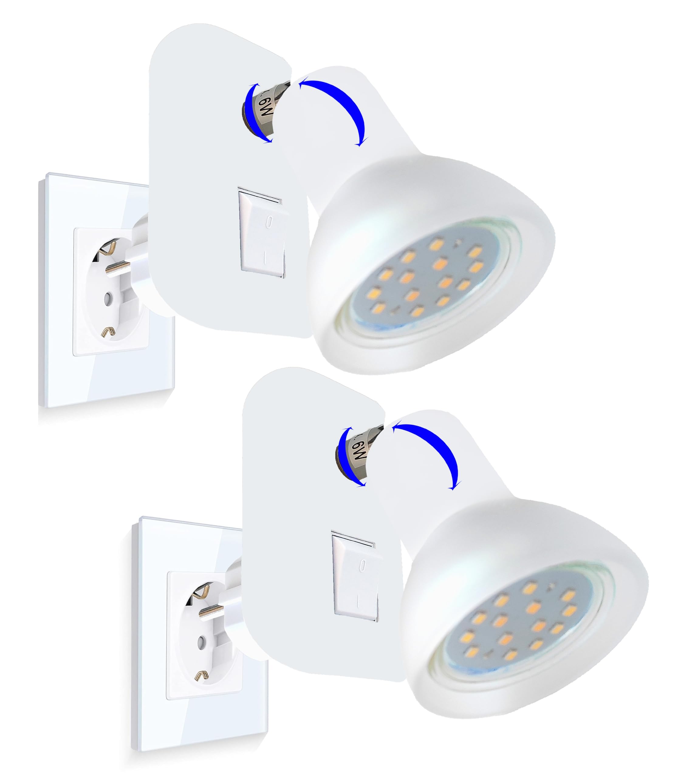 Trango 2er Pack Steckdosenlicht 11-246 Nachtlicht mit Glasschirm inkl. je 1x GU10 LED Leuchtmittel 3000K warmweiß & Ein/Aus- Schalter Steckdose Orientierungslicht, Treppenlicht, Steckdosenlicht