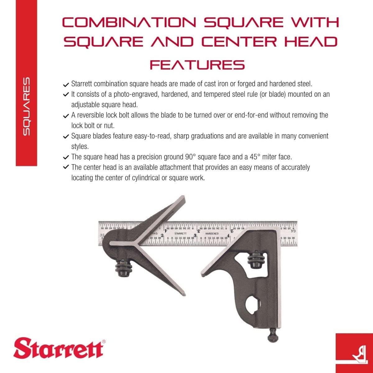 Starrett Kątownik łączony ze stali z głowicą czworokątną i głowicą środkową, długość ostrza 15,2 cm, głowice żeliwne, stal hartowana, odwracalny sworzeń zamka, podziałka 4R – 11HC-6-4R