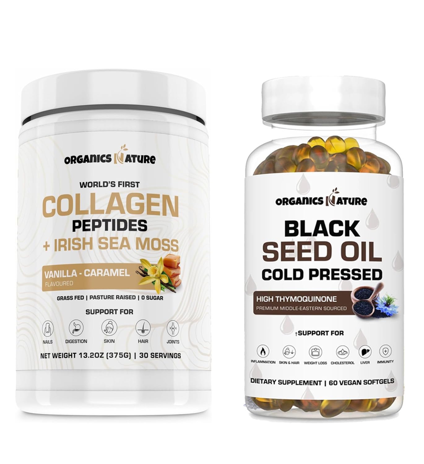 ORGANICS NATURE Collagen with Sea Moss Vanilla Caramel Black Seed Oil Caps 1000MG Softgels Bundle