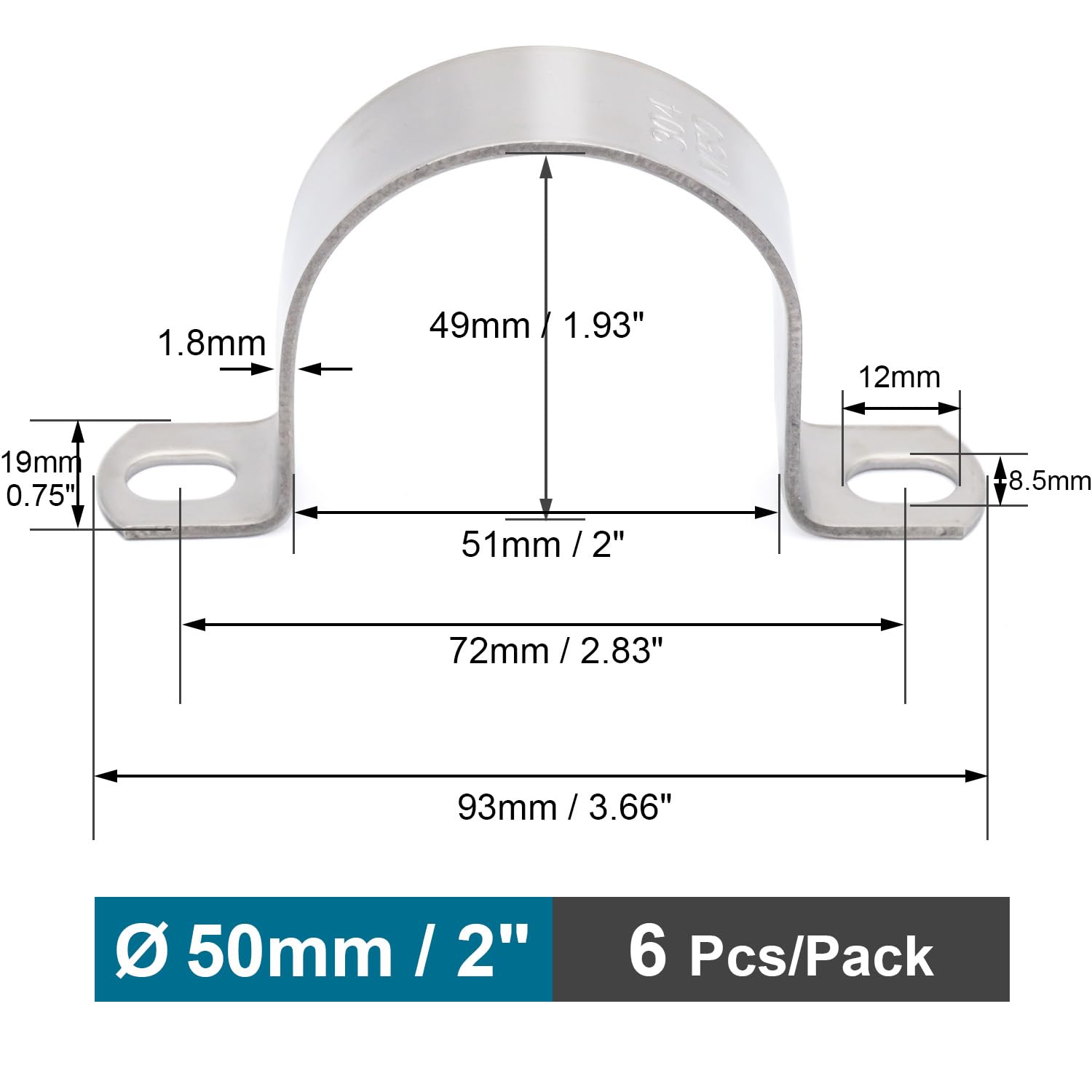 Heavy Duty Pipe Clamps 2" FamlTol U Pipe Brackets 304 Stainless Steel Tube clamp Rigid Pipe Strap for Pipes and Cables | 50 mm | 6 pcs - Image 2