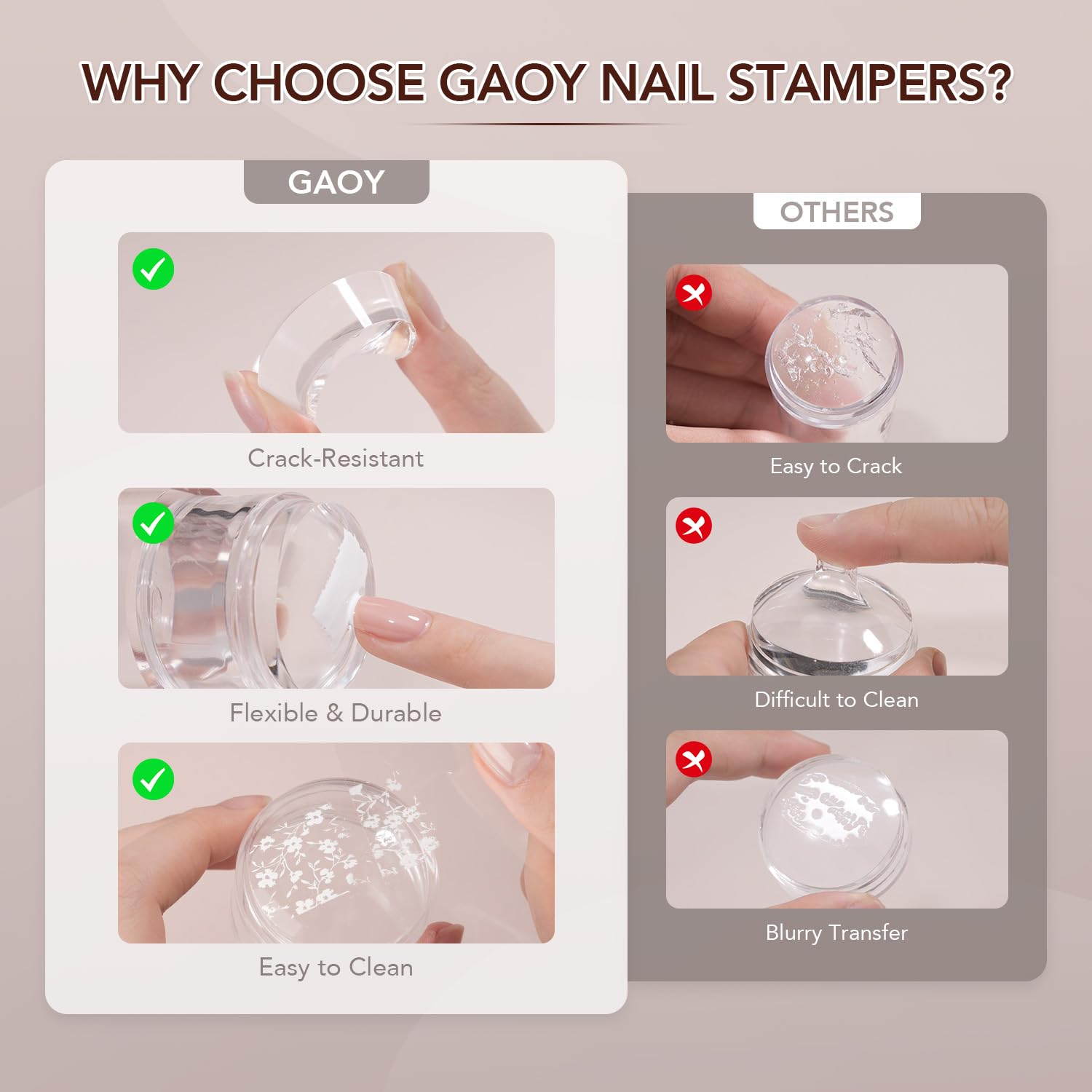 GAOY French Tip Stamp, 6Pcs Nail Art Stamper Kit, Soft Clear Silicone Round & Square Jelly Stamper, Nail Scrapers and Replacement Heads for French Manicure Home DIY & Salon Use