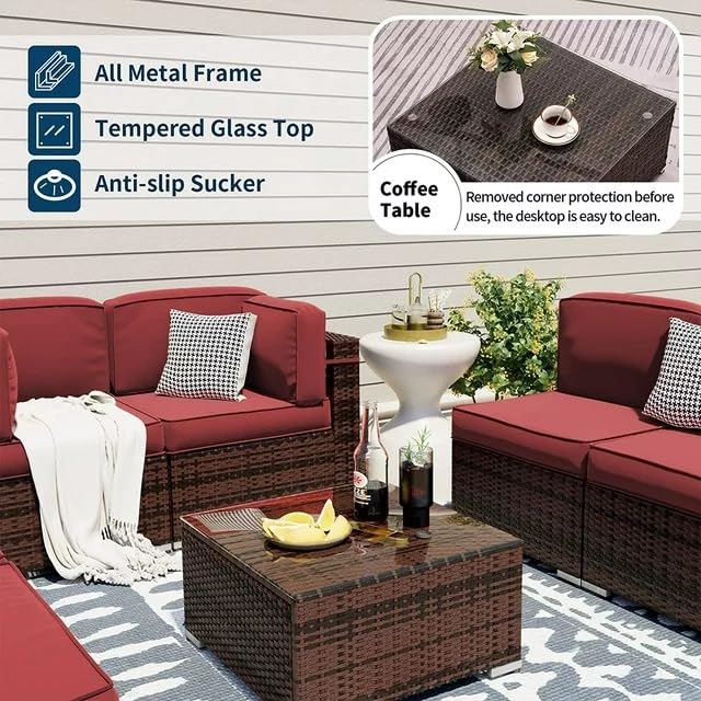 Image of 6 Seater Outdoor Patio Sectional Sofa Set| Wicker Furniture Conversation Sets with Washable Cushions, and Glass Coffee Table for Garden, Poolside, and Backyard. (Red0832)