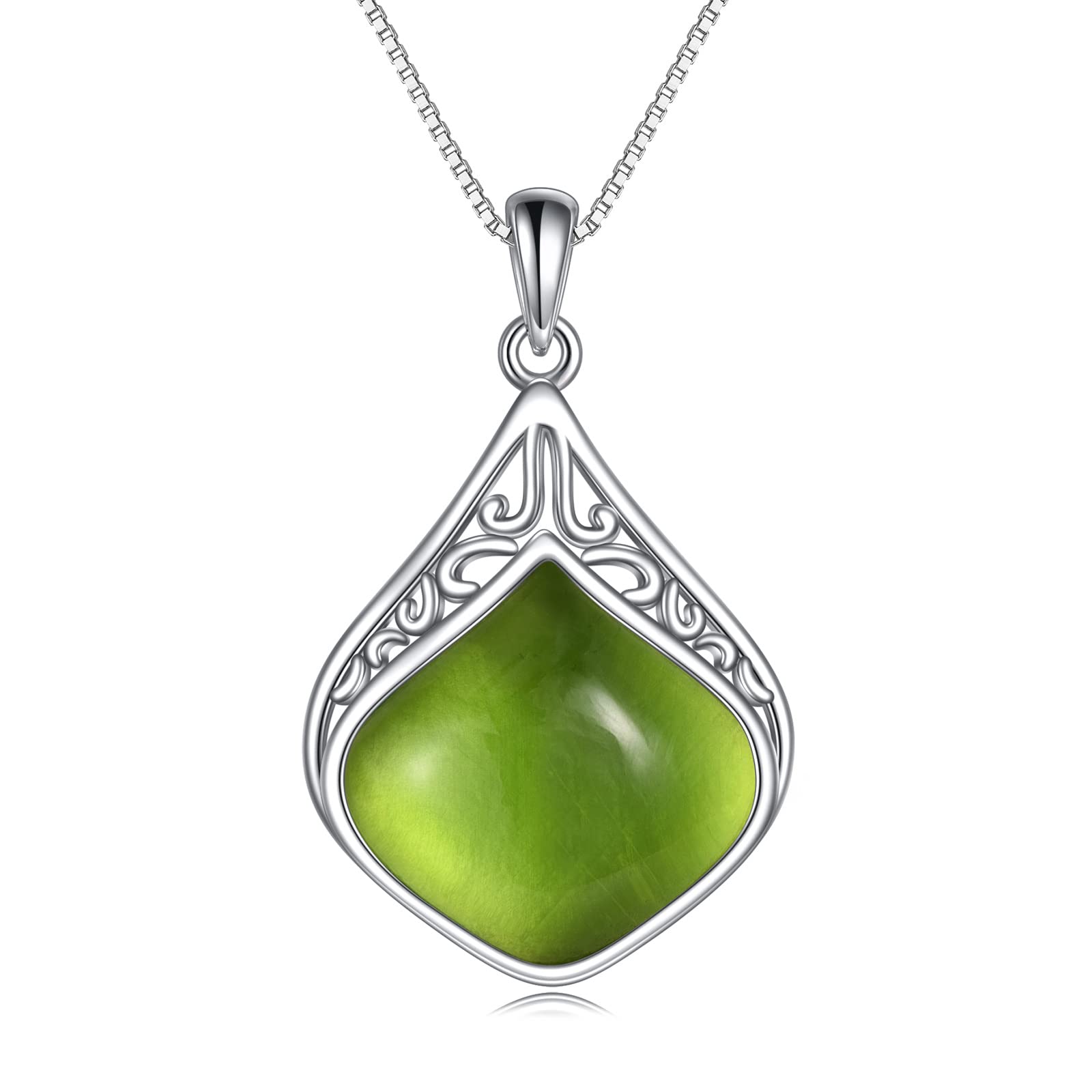 YAFEINI Collar con Forma de Lágrima de Peridoto Plata de ley Filigrana Colgante Verde Irlandés Collar de Peridoto de Piedra Natural