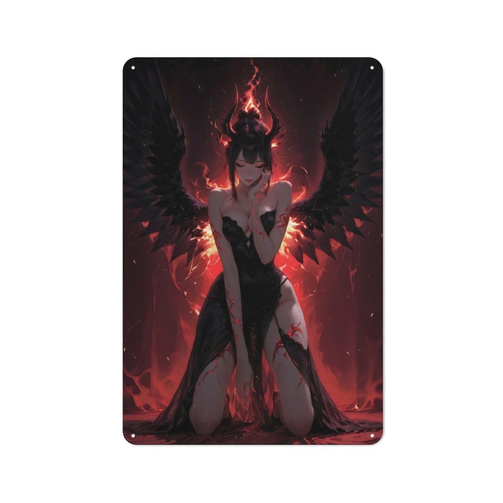 Fallen Angel with Wings of Fire Retro Metal Plaque 30x20cm for Lounge Or Reading Corner, for Vintage Wall Decor Fans, for Themed Room Decoration