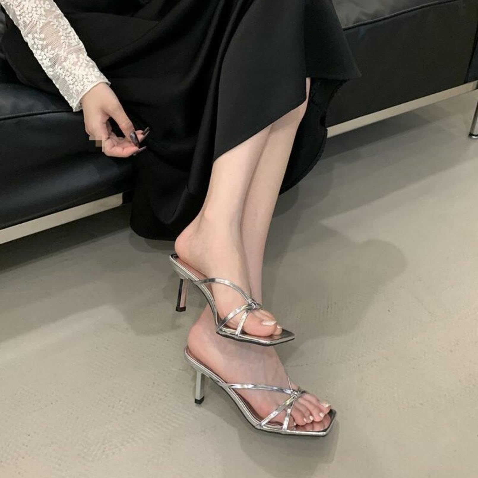 Zapatos con Tacón Mujer Sandalias Verano Punta Cuadrada Tiras Cruzadas