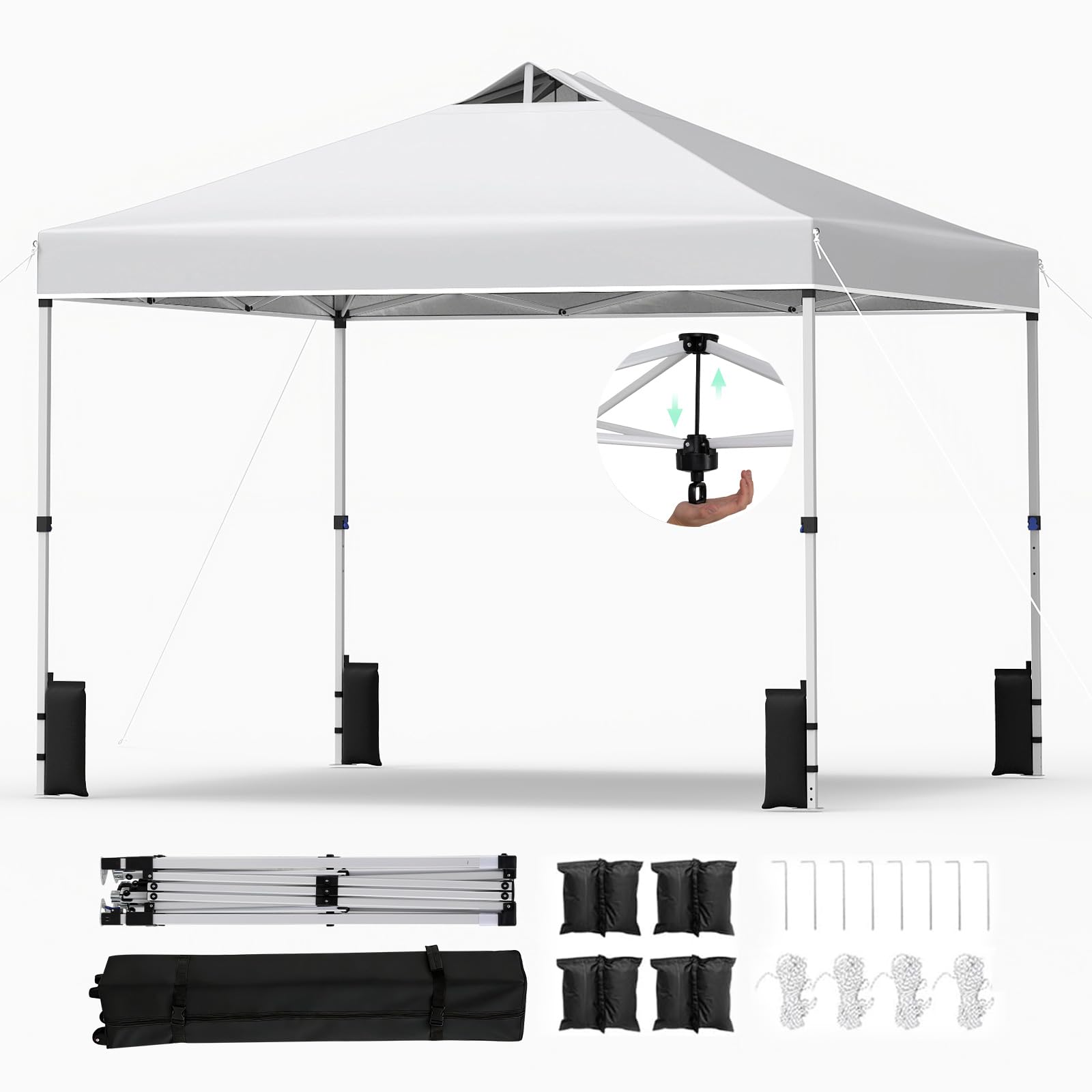 RELAX4LIFE Tonnelle Pliante 3x3 Pop-up, Barnum Pliant 3x3 Facile à Monter, Anti-UV UPF50+, Cadre Métallique, Sacs de Sable, Portable avec Sac à roulettes, pour Camping Marché Événements (Blanc)
