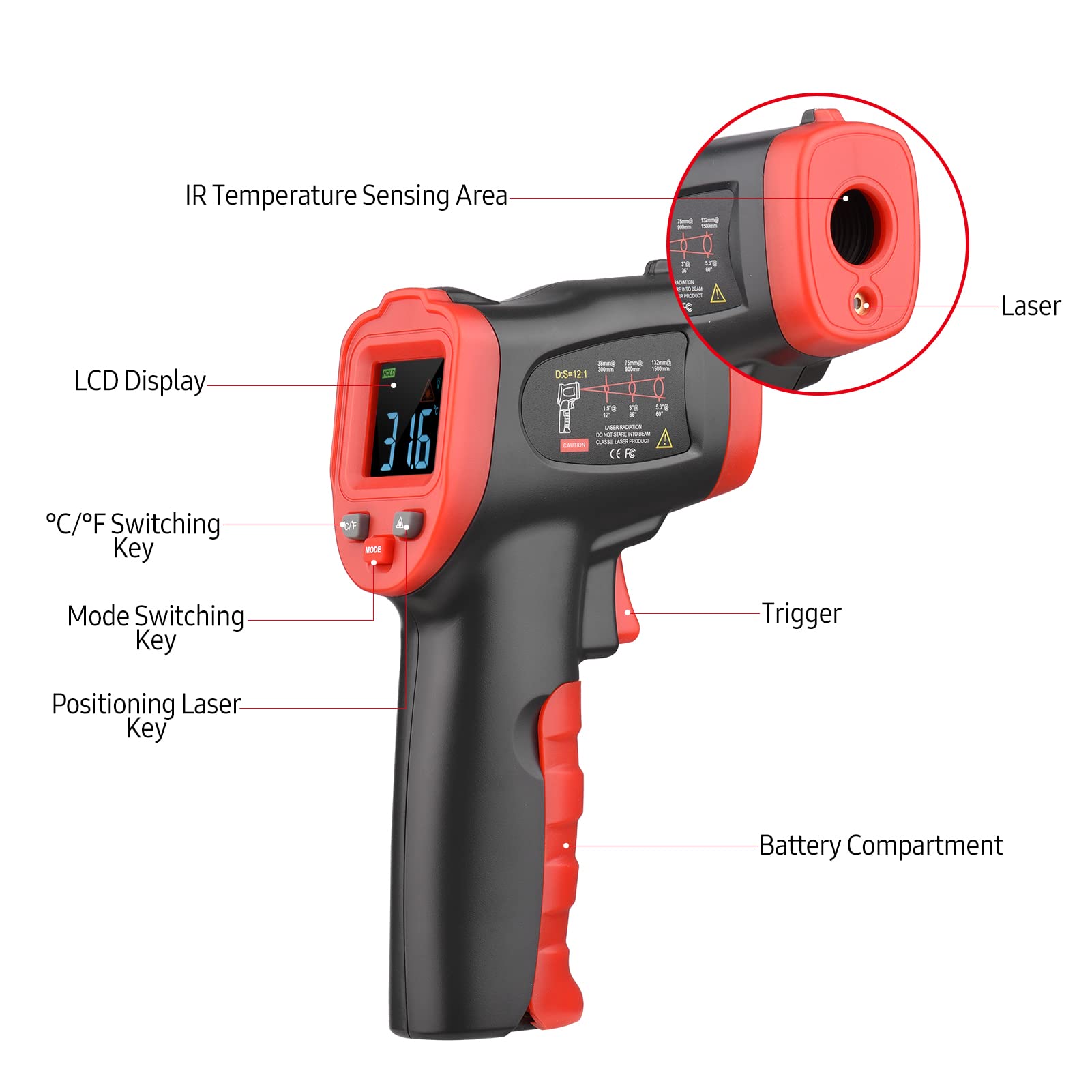 -50℃~800℃ /-58℉~1472℉ Termometro a infrarossi a schermo colorato, tester di temperatura digitale senza contatto, temperatura pirometro per cucinare in cucina, barbecue,