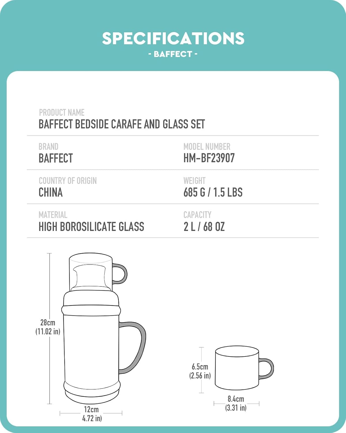 Baffect Bedside Water Carafe And Glass Set, High Borosilicate Glass Pitcher For Hot Or Cold Beverage, 68oz Water Bottles With 10 Oz Tumbler For Nightstand, Kitchen, Mouthwash Dispenser For Bathroom