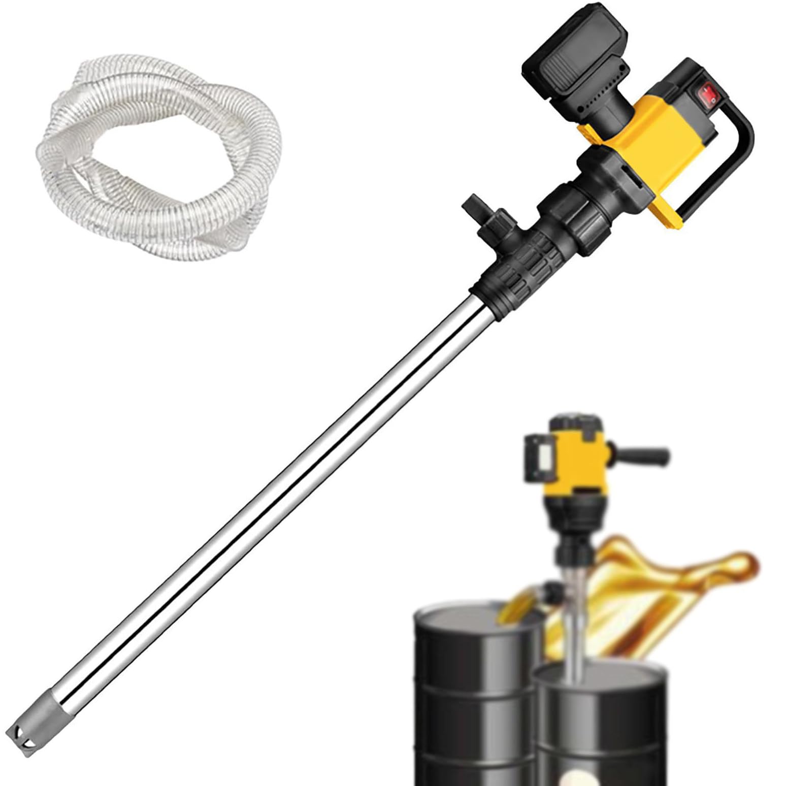 Bezprzewodowa pompa do transferu paliwa, elektryczna pompa cylindryczna 600 W z regulacją 3 prędkości, rura ze stali nierdzewnej 92 cm, do oleju napędowego i hydraulicznego