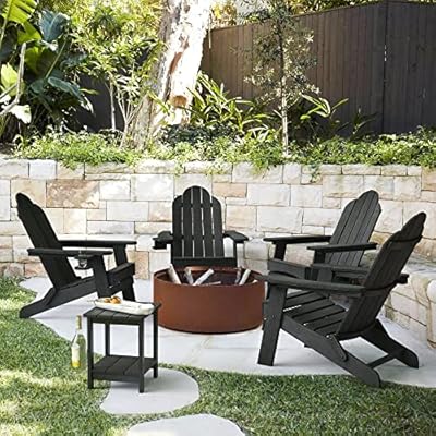 LUE BONA Folding Adirondack Chair Set of 2, Black HDPS Fire Pit Patio Chairs Weather Resistant, Modern Plastic Outdoor Chairs with Cup Holder