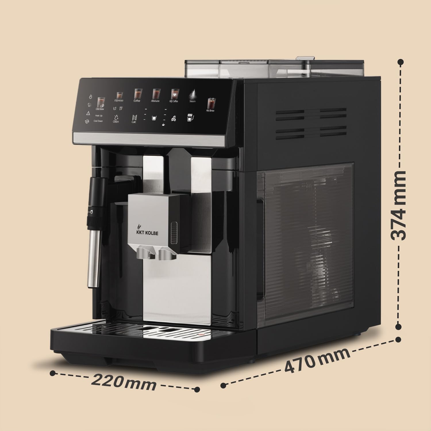 KKT KOLBE W pełni automatyczny ekspres do kawy z dyszą do spieniania mleka, ColdBrew i akcesoriami, funkcja 2 filiżanek, 15 bar, 7-stopniowy mechanizm mielący, ekran dotykowy, automatyczne czyszczenie