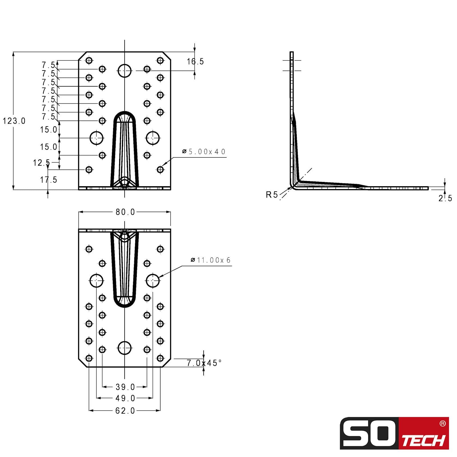 SOTECH Juego de 20 escuadras, conectores de ángulos, 120 × 120 × 80 mm | con refuerzo de 90°, grosor de 2,5 mm, ángulo de alta resistencia de acero galvanizado en caliente