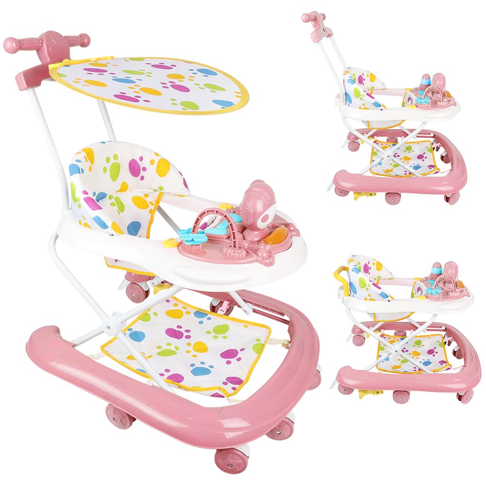 Trotteur Bébé Garçon&Fille 2en 1 avec Hauteur Réglable, Trotteur Marche Bébé avec Musique,8 roues, musique, auvent,62 * 68 * 36-81cm - Rose