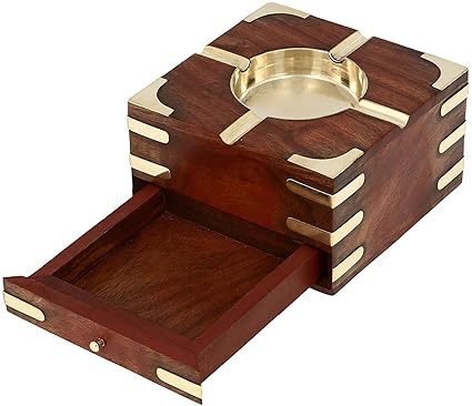 Jtku Handicraft Large Decorative Wooden Ashtray with Cigarette Storage Case Box 4.5