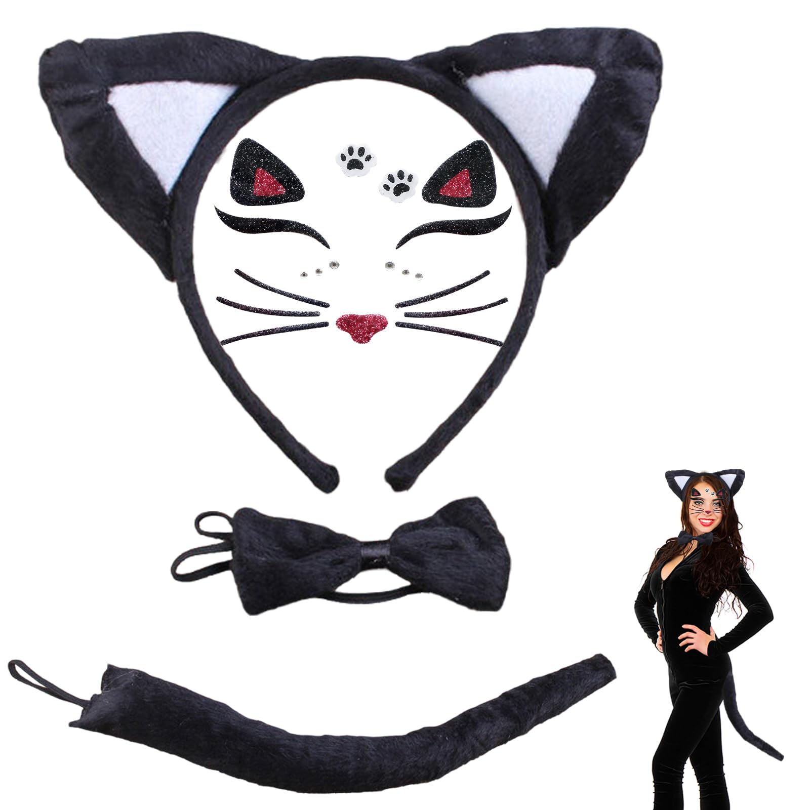 MUNSKT Animal Costume Set,Cat Ears and Tail,with Face Gems Glitter,Cat Ears Headband,for Fancy Dress Up Cosplay Halloween Carnival