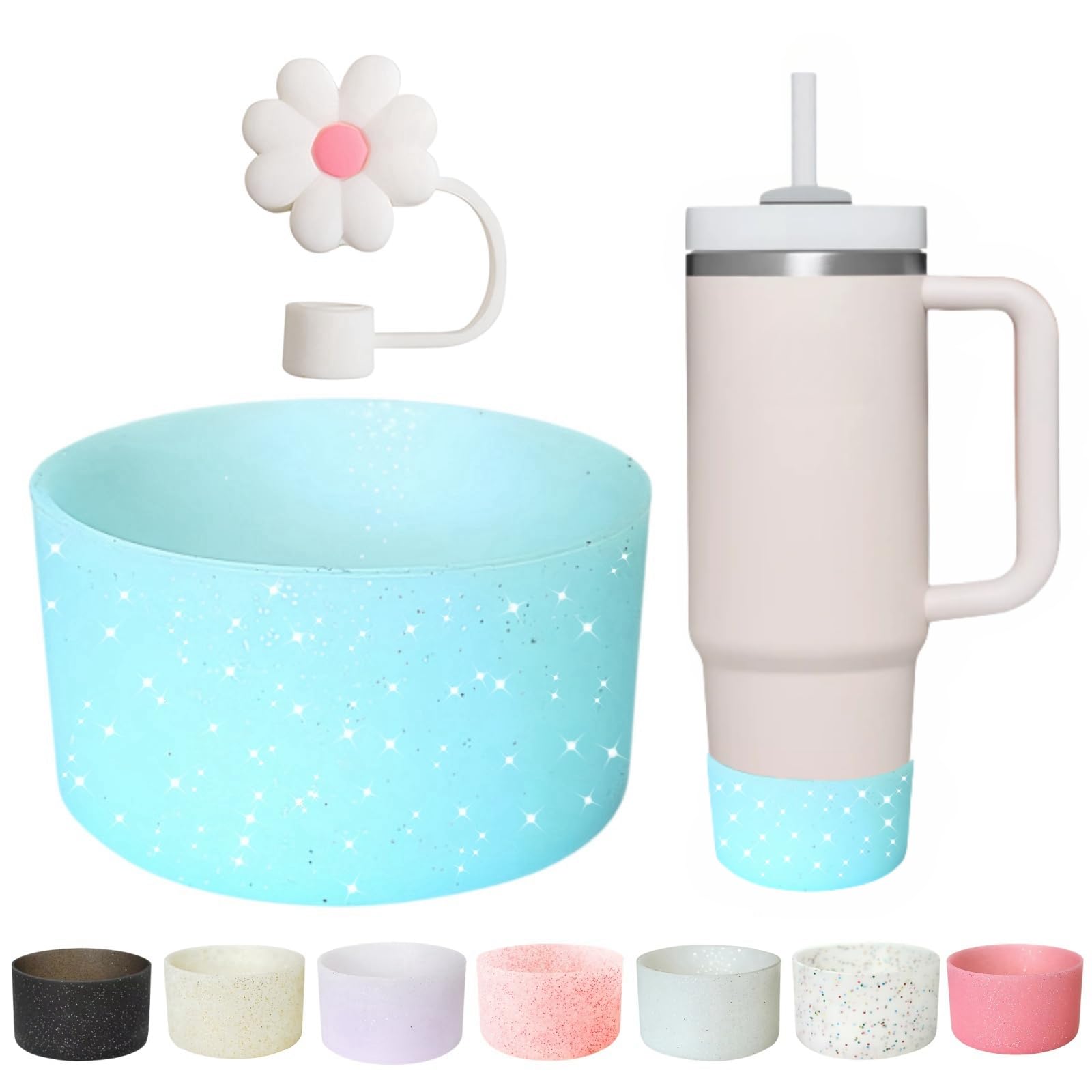 Bling Silicone Boot for Stanley Quencher 30/40oz Tumbler,Silicone Cup Protective Boot For Stanley 12-24oz Hydro Flask Bottle, 2.95In / 7.5cm Non-Slip Cup Bottom Boot (Blue)