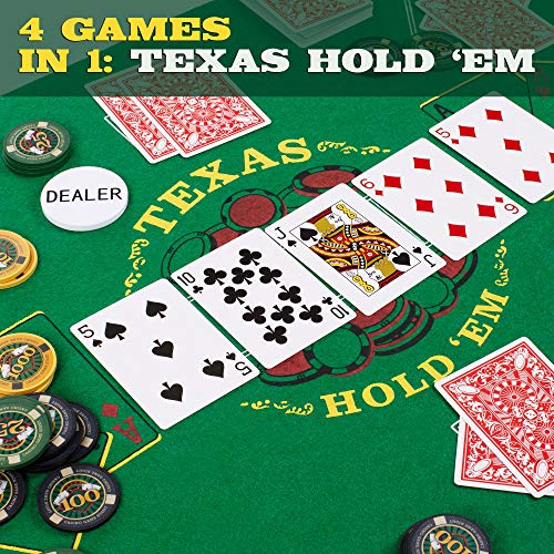 Brybelly Casino Night 4-In-1 Complete Game Set With Felts, Wheel, 100 Chips, Dice & Cards For Blackjack, Craps, Roulette & Texas Hold'em - Green Felt Double Sided Casino Tabletop Gaming Mat #TOP3