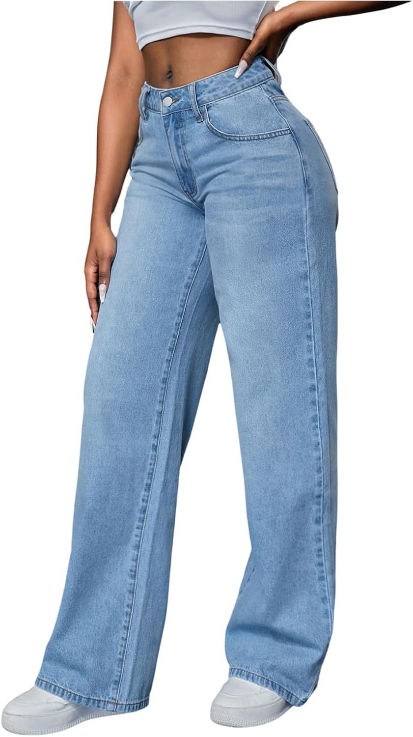 MakeMeChic Women's Wide Leg Jeans High Waist Baggy Y2k Denim Pants Streetwear