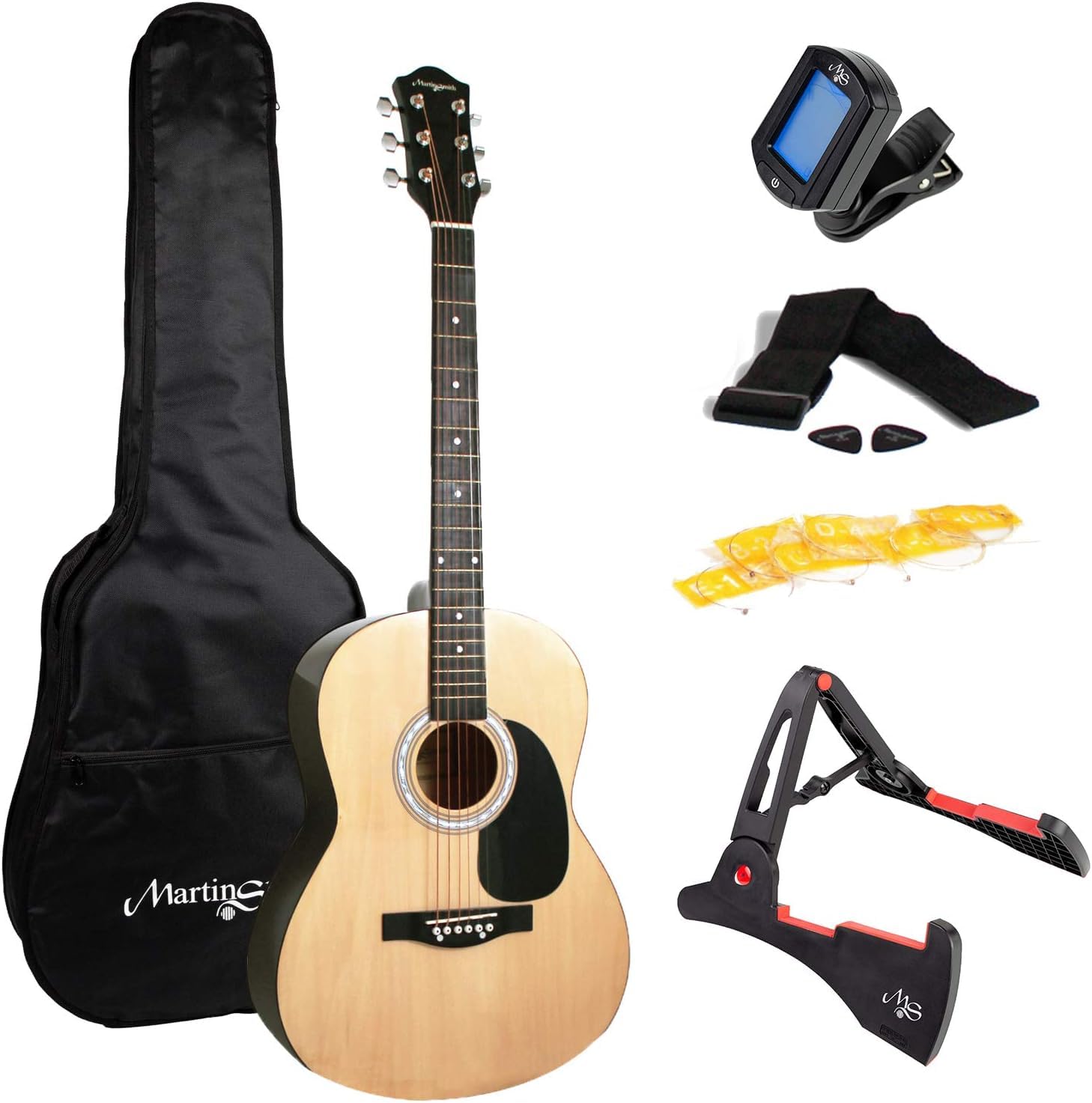 Martin Smith Akustikgitarren-Set mit Akustikgitarre in voller Größe, Gitarrenständer, Gitarrentuner, Gitarrentasche, Gitarrengurt, Gitarrenplektren und Ersatzsaiten & tragbare Klappgitarrenständer