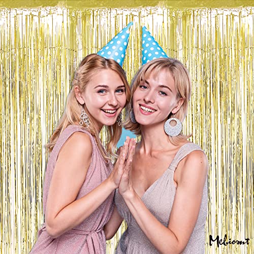 Image of 4 Pack Light Gold Fringe Curtain Backdrop, 3.2Ft x 9.8Ft Metallic Tinsel Foil Fringe Streamers Background for Photo Booth Birthday Wedding Baby Shower Carnival Easter Mother's Day Party Decorations