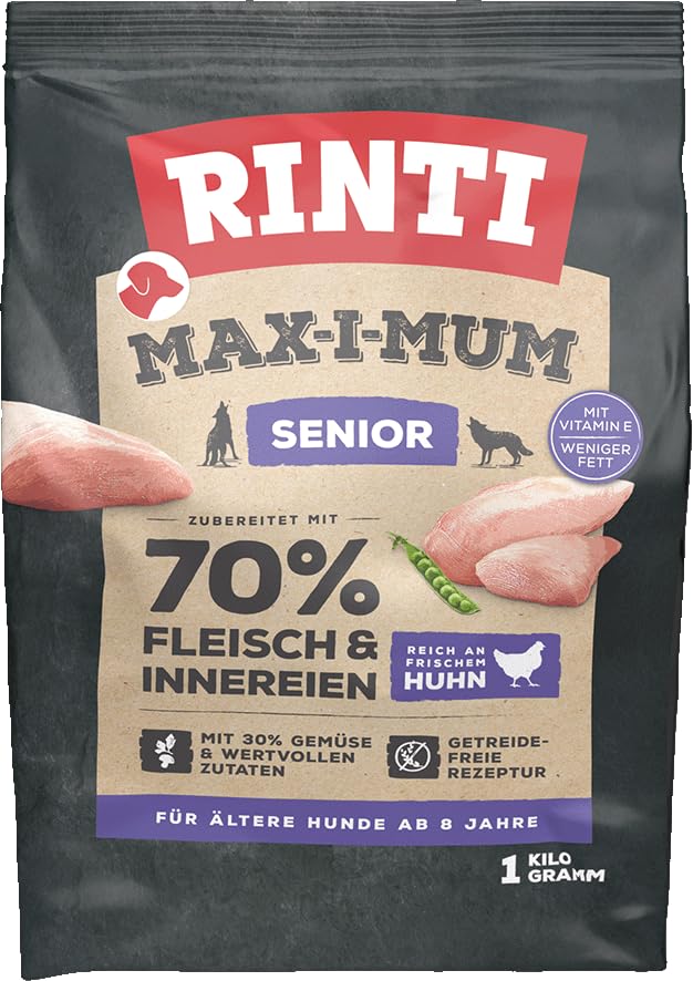 RINTI - Max-i-Mum Senior | Alimento seco para perros mayores a partir de 8 años con 70% de carne y despojos. Alimento completo sin cereales con una proporción equilibrada de proteínas/grasas, 7 x 1 kg