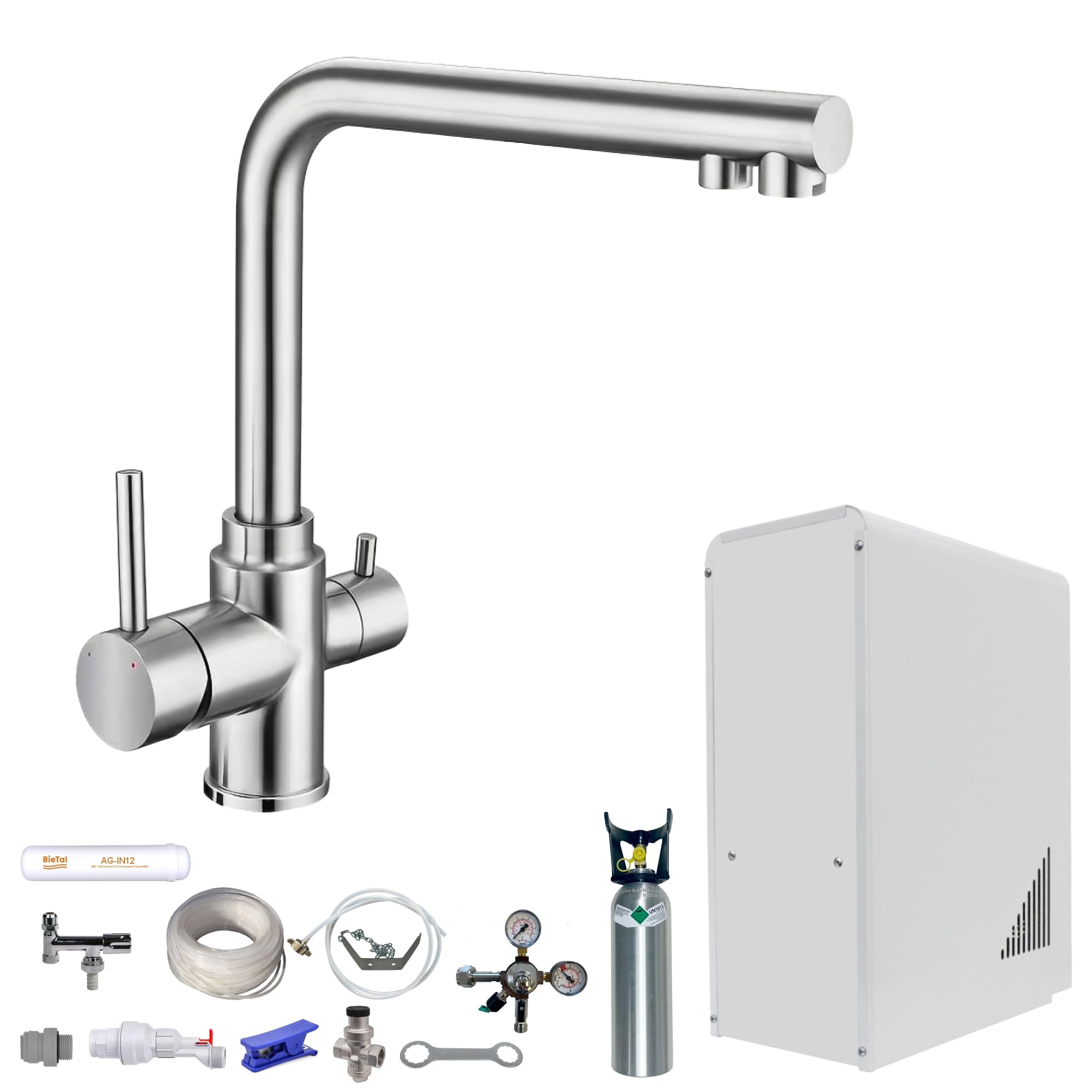 Tafelwasseranlage 10 L/h – BieTal® Wasserspender mit Sprudelwasserfunktion, Festwasseranschluss, gekühlt & still, 3-Wege L Wasserhahn Edelstahl, 2kg CO2 Flasche, ideal für Büro & Gastronomie
