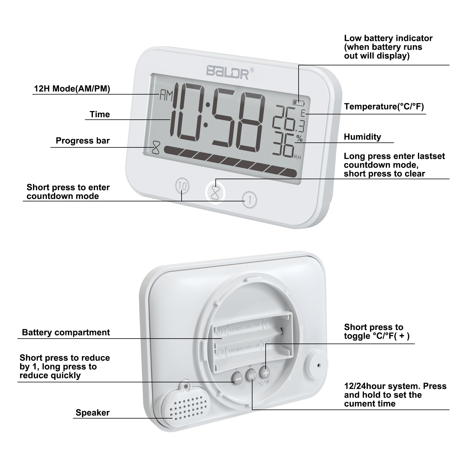 Orologio da Bagno Digitale, Orologio da Doccia Impermeabile IP54 con Temperatura e Umidità, Conto alla Rovescia da 99 Minuti con Allarme, Ampio Timer LCD con 2 Ganci Adesivi e 2 Ventose