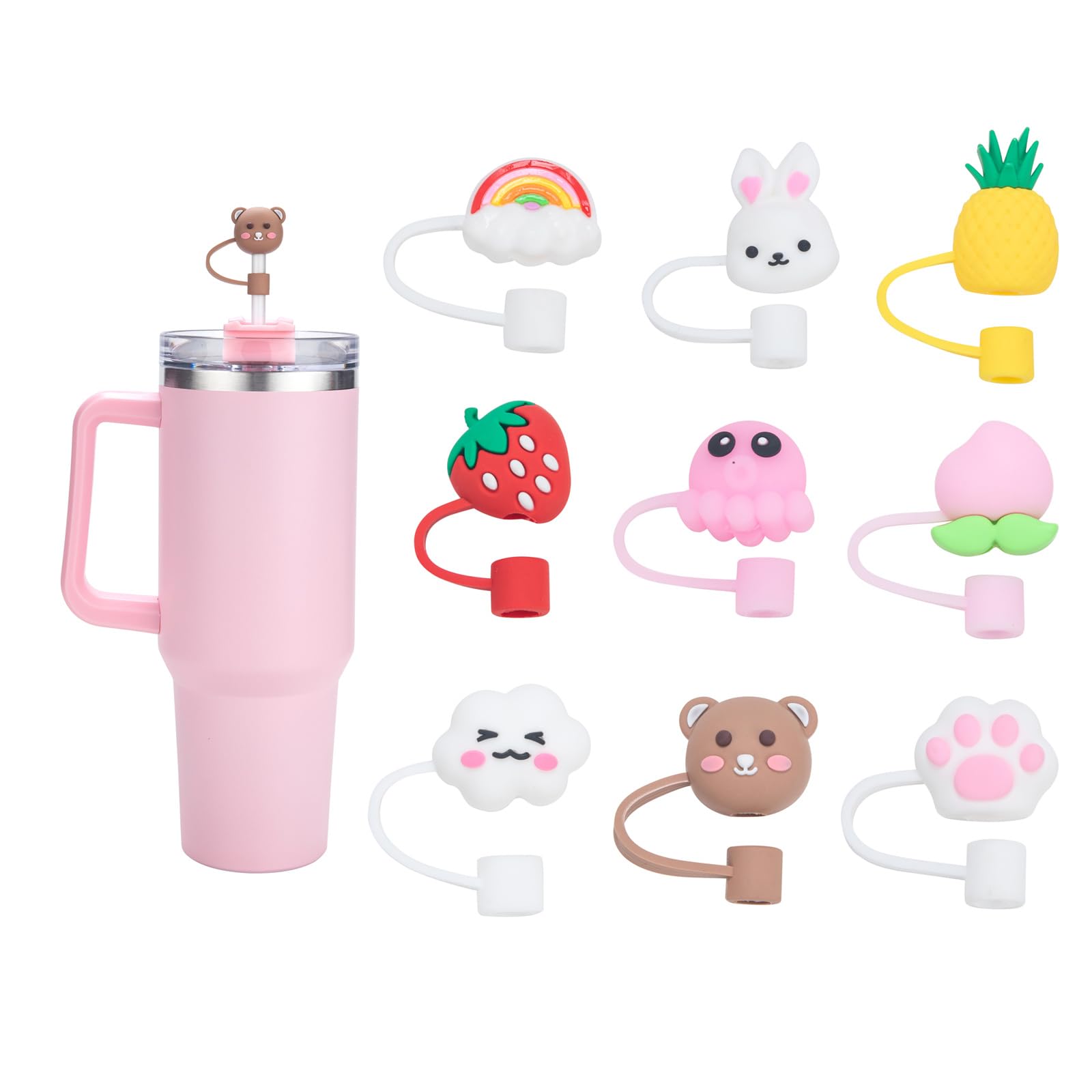 9 PCS Straw Covers Cap, Straw Cover for Stanley 30&40 Oz Tumbler, Silicone Straw Topper Cute Straw Caps, 0.4 Inch/10 mm Dust-Proof Reusable Stanley cup toppers (9 Pack Fruit Animals)