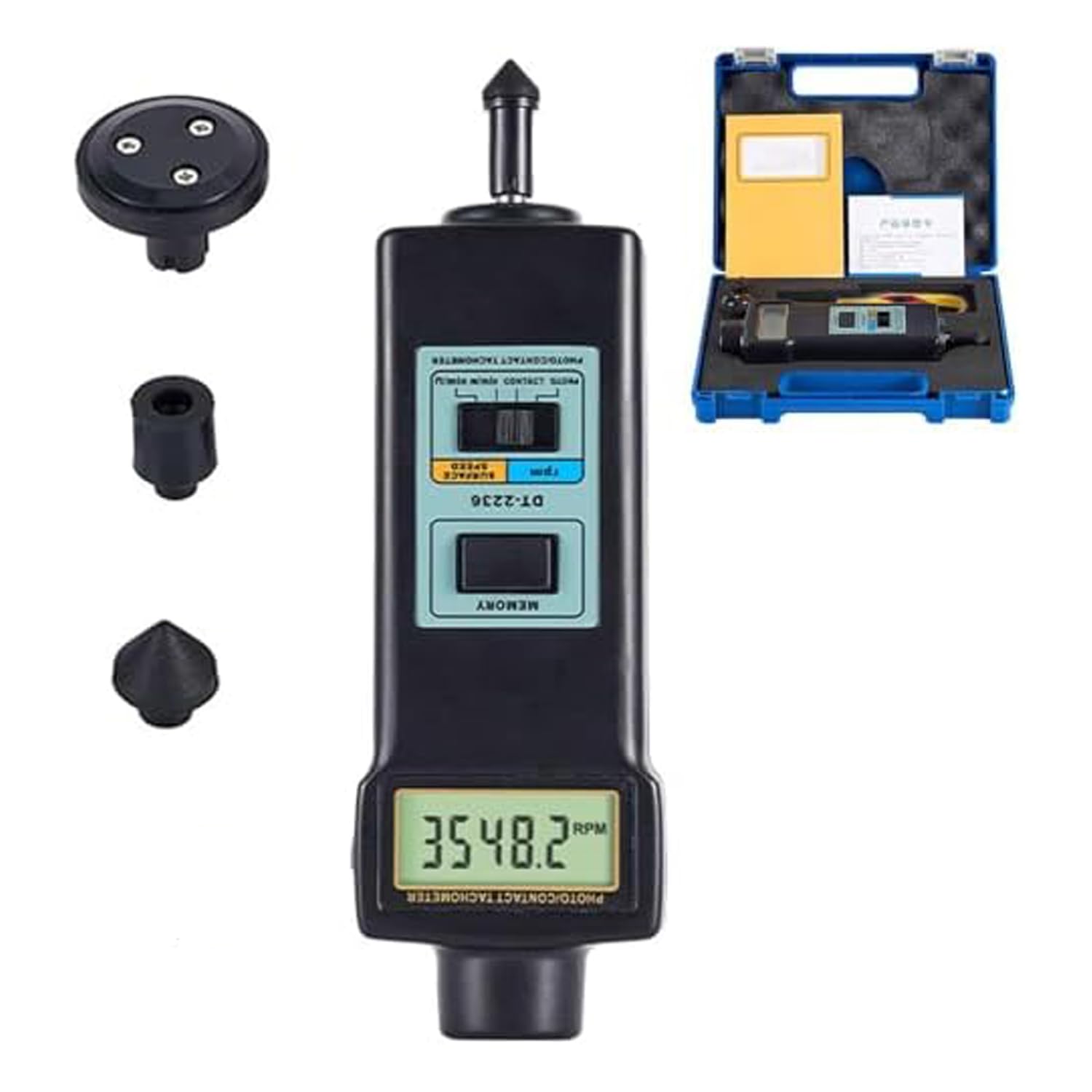Suyaoquant Digital Tachometer, Handheld Contact and Photo RPM Tester, with 3 Probes, Linear Velocity Measuring, Linear Tachometer with LCD Display, Photoelectric Contact Speed Tester for Motors Fans