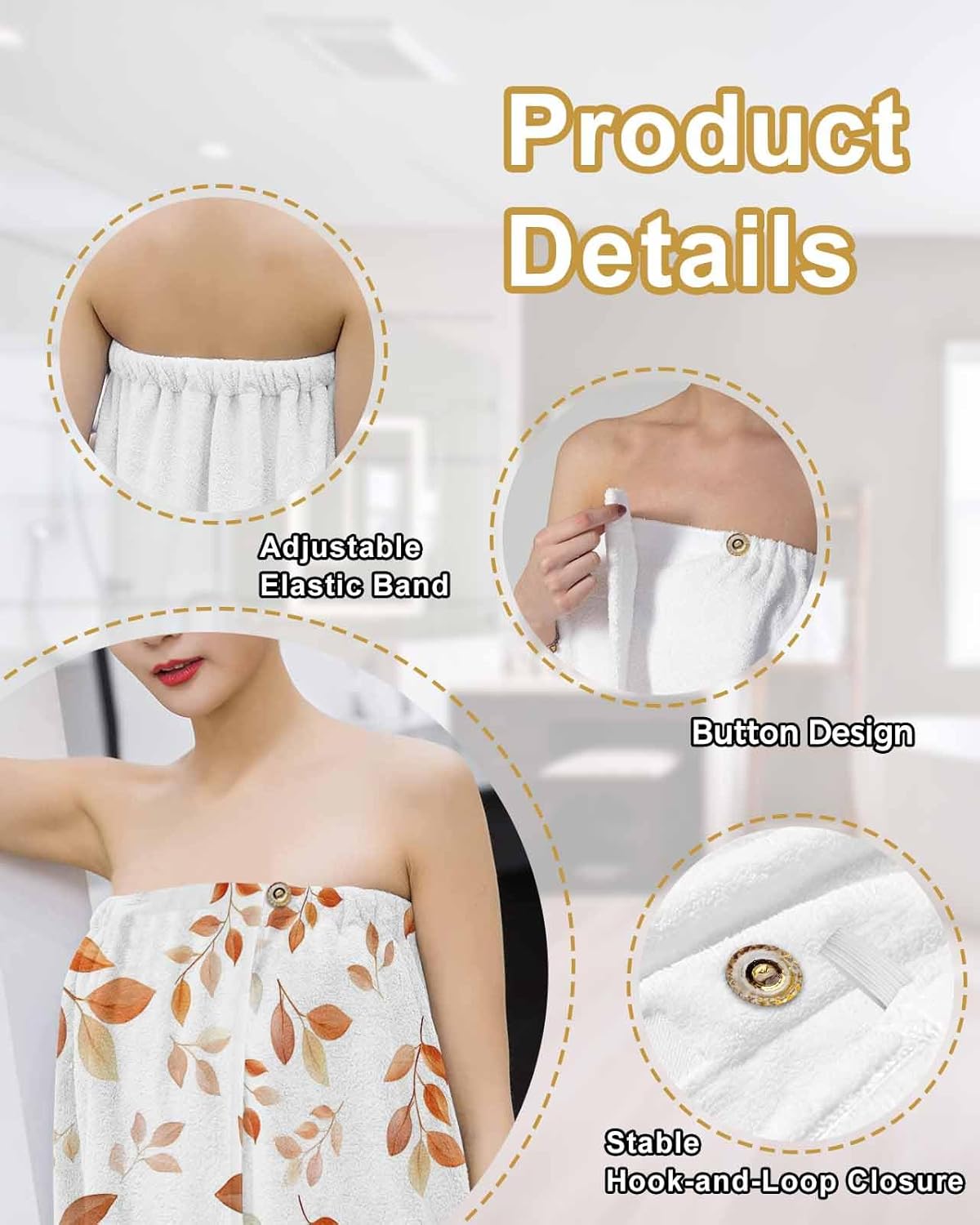 着るバスタオル 葉っぱ リーフ 秋 田園 ラップタオル 落ちない 着れる ズレない 吸水 ボタン付き 速乾 毛羽落ちない 耐久性 お