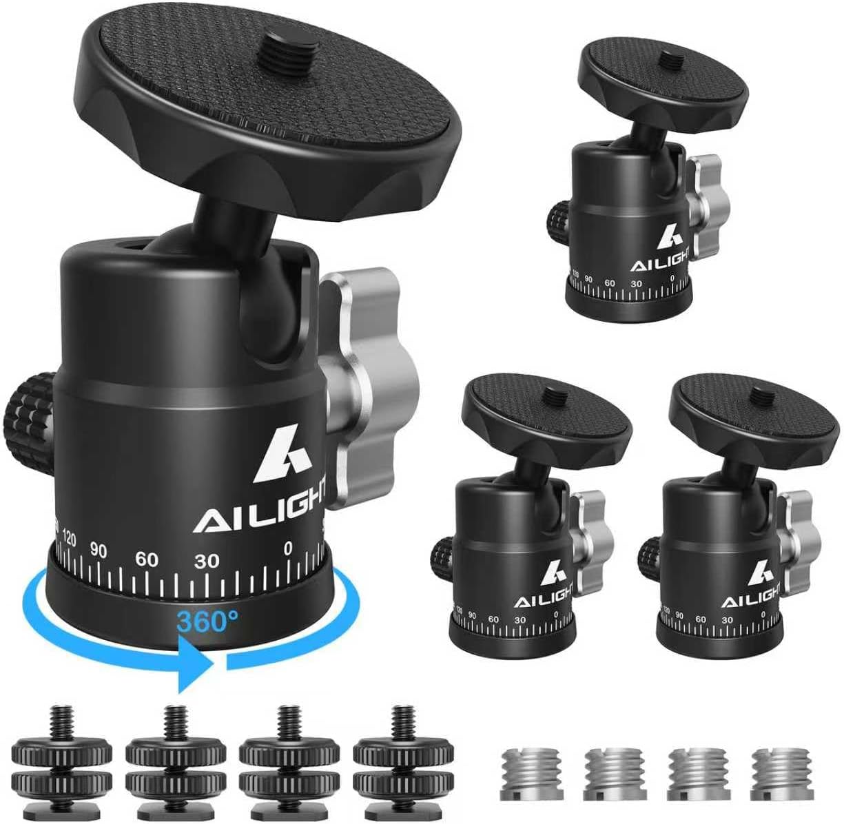 Ailight Mini Ball Head, 360° Panoramic Tripod Head, Universal 1/4" to 3/8" Screw Adapter Swivel Mini Ball Head Screw Tripod Mount, Dual Cold Shoe Mount for DSLR Cameras Camcorder（4 Pack