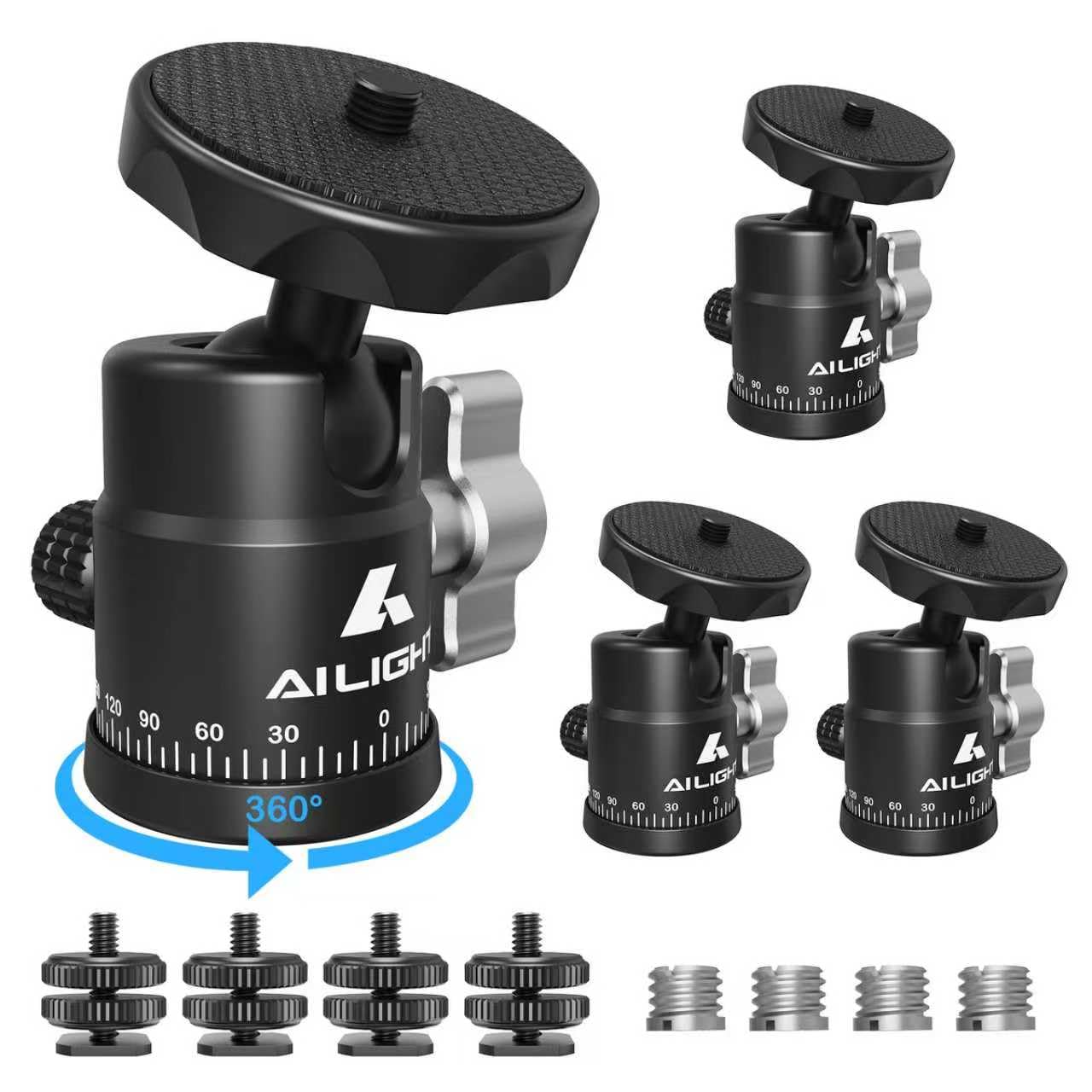 Ailight Mini Ball Head, 360° Panoramic Tripod Head, Universal 1/4" to 3/8" Screw Adapter Swivel Mini Ball Head Screw Tripod Mount, Dual Cold Shoe Mount for DSLR Cameras Camcorder（4 Pack