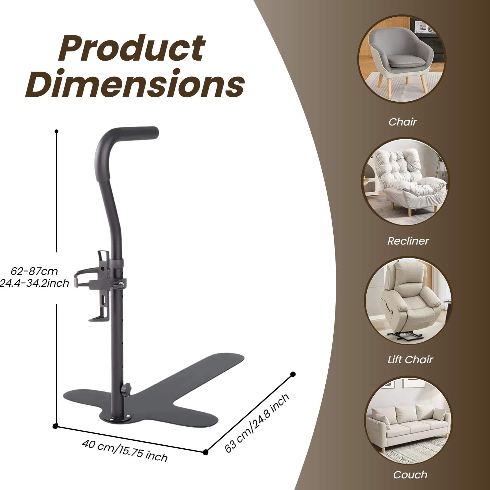 Soporte para personas mayores, altura ajustable de 62 a 87 cm, mango antideslizante y portavasos, adecuado para sofá, silla, ideal para personas mayores y personas con discapacidad