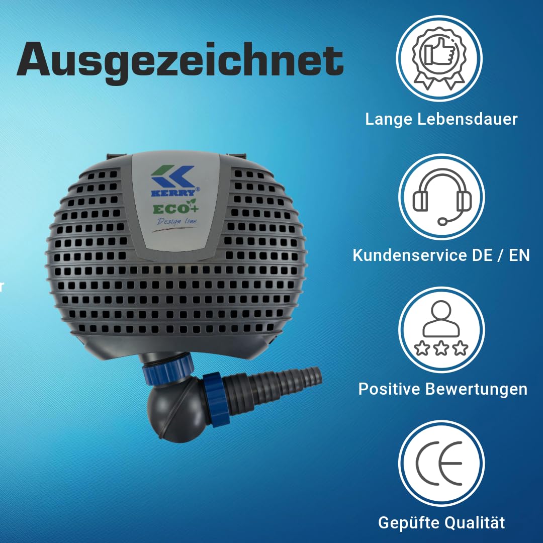 ECO Teichpumpe KEE12000-12000 L/H, nur 85 Watt energiesparend, Vorfilterkammer, 5,5m Förderhöhe, 10m Kabel, Wasserpumpe für Brunnen, Teich und Bach, Brunnenpumpe | Gartenteichpumpe