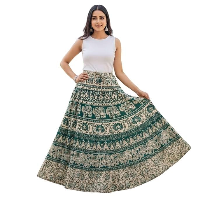 Image of HARSHITA-Enterprises Jaipuri Women's Cotton Printed Elastic Long Skirts