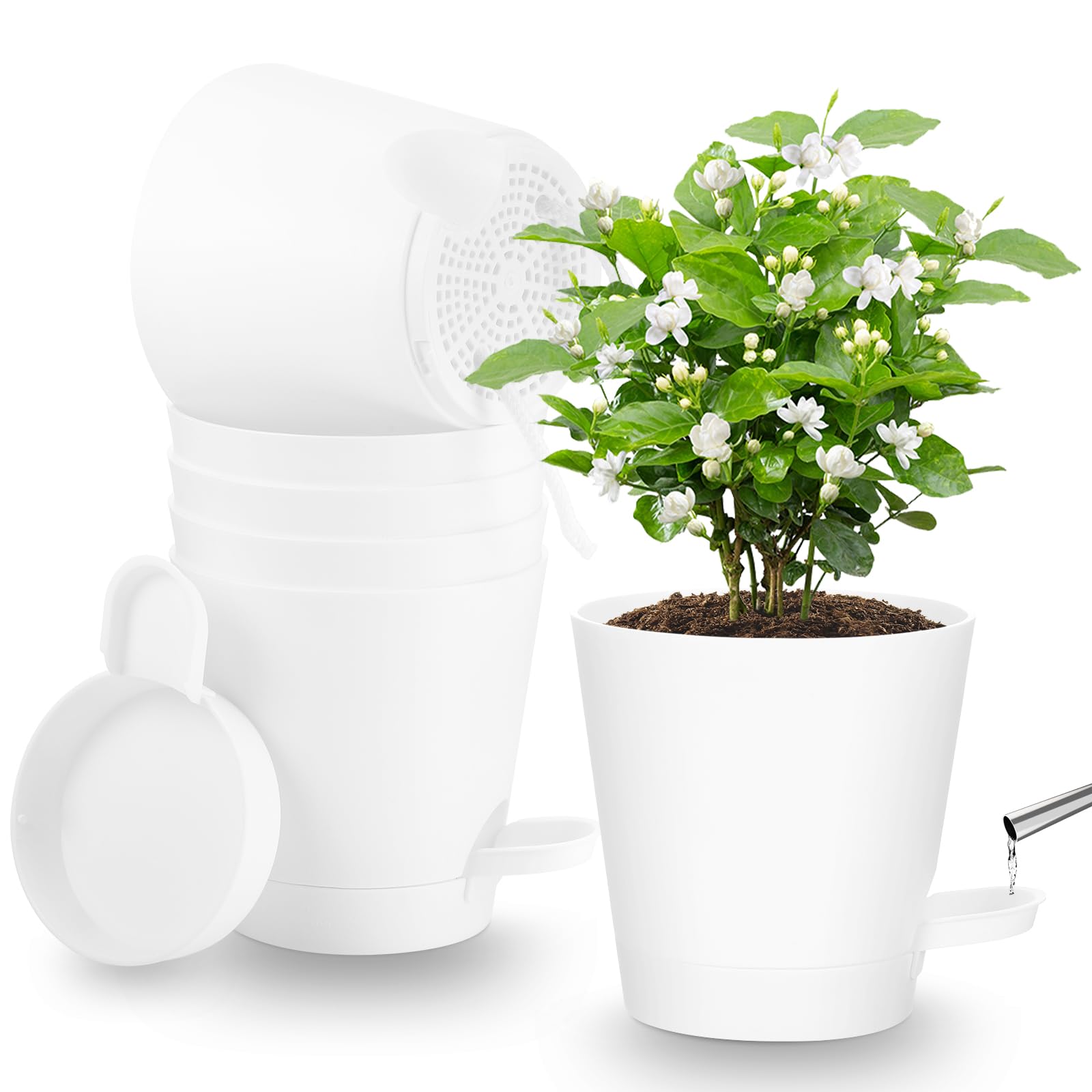 Yimomoyi 5 Stück Kunststoff Blumentopf mit Bewässerungssystem, Selbstbewässerung Übertopf mit Untersetzer, Rund Pflanzkübel für Innen und Balkon Garten Pflanzen Sukkulenten Kaktus (Weiß)