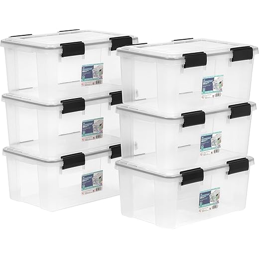 IRIS USA 19 Qt Storage Box with Gasket Seal Lid, 6 Pack - BPA-Free, Made in USA - Heavy Duty Moving Containers with Tight Latch, Weather Proof Tote Bin, WEATHERPRO - Clear/Black